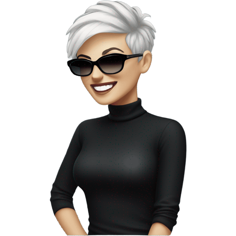 Smiling White woman with short very messed punk silver pixie white hair xmas sunglasses big black rayban and black high polo neck sweater emoji