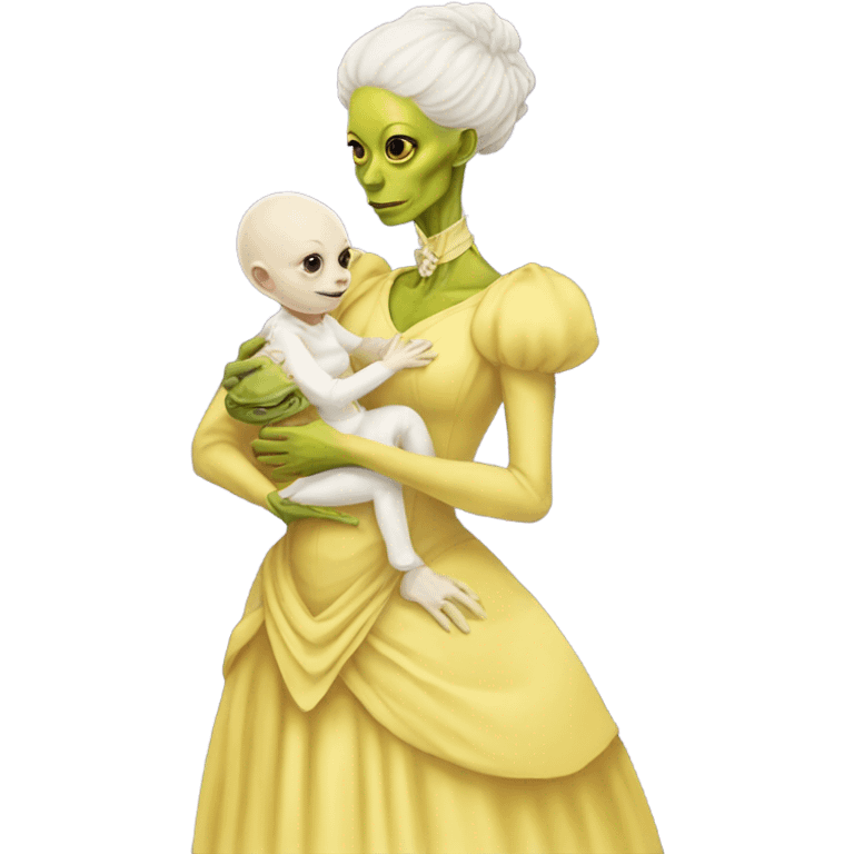  Reptilian alien woman , full body, in victorian jellow elegant dress , holds a newborn white humman baby emoji