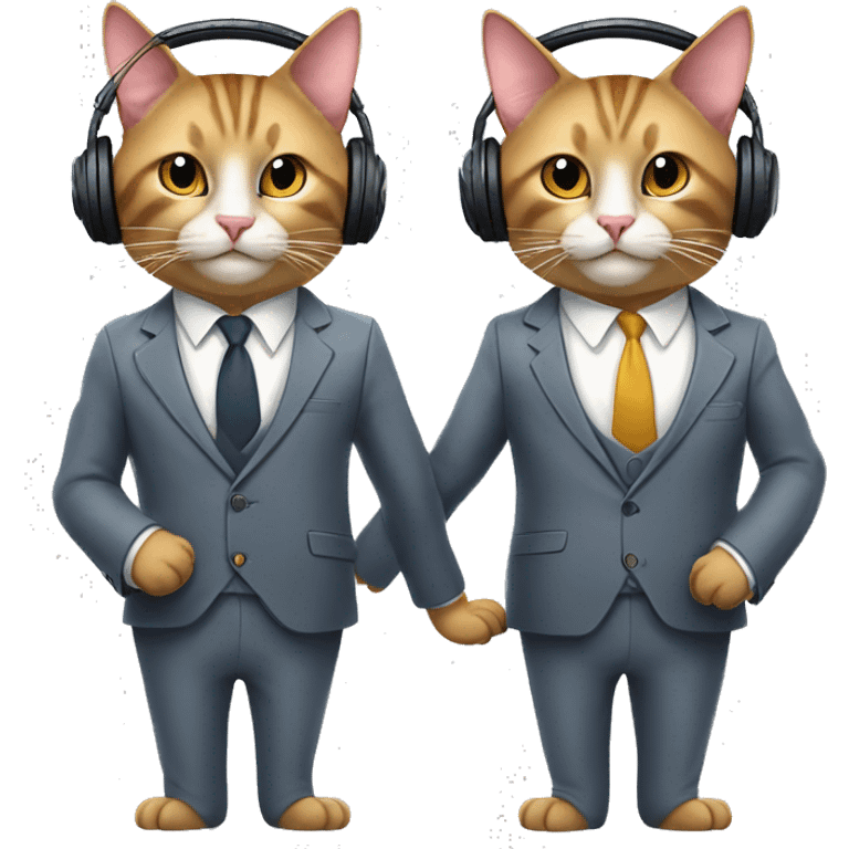 Two well-dressed cats in suits human bodies with cat faces and hands. Wearing headphones for a podcast. Happy faces. 
 emoji