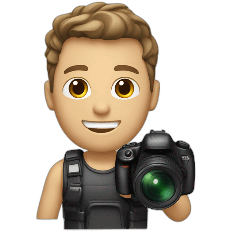 Male Photographer shaved Caucasian wavy hair brunette holding camera emoji