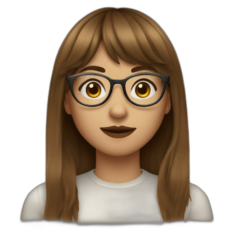 young woman with brown hair with bangs, glasses and a septum piercing emoji