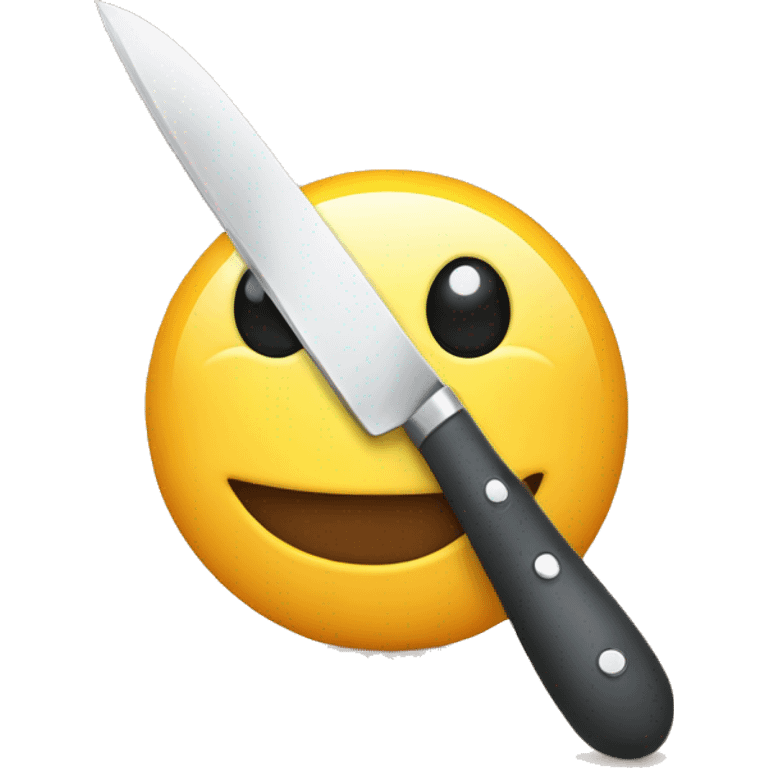 a friendly smiling emoji face holding a small kitchen knife, cartoon style.” emoji