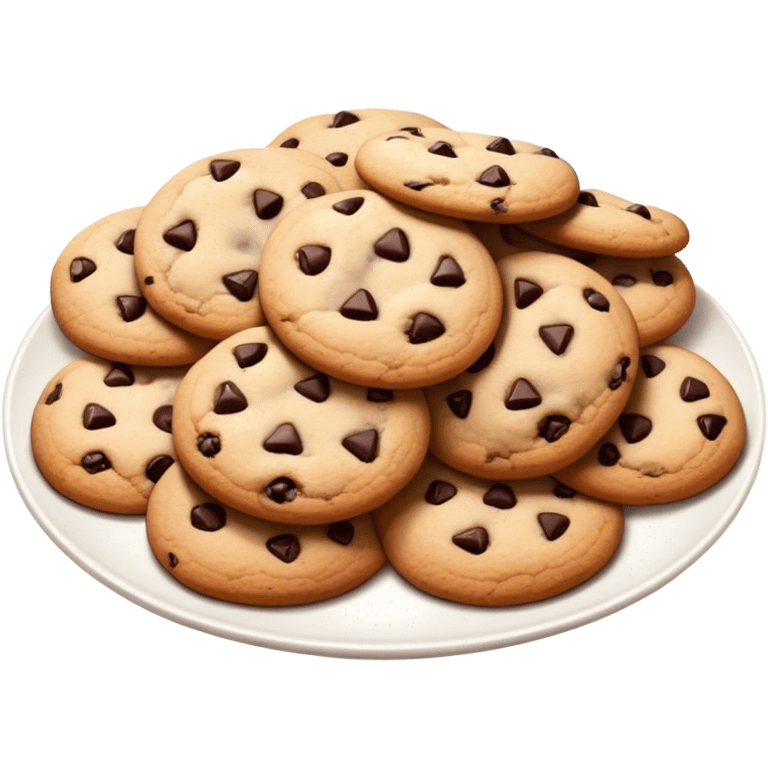 Cinematic Realistic Cookies Dessert Emoji, showcasing a plate of freshly baked cookies with gooey chocolate chips rendered with lifelike textures and warm, homey lighting. emoji