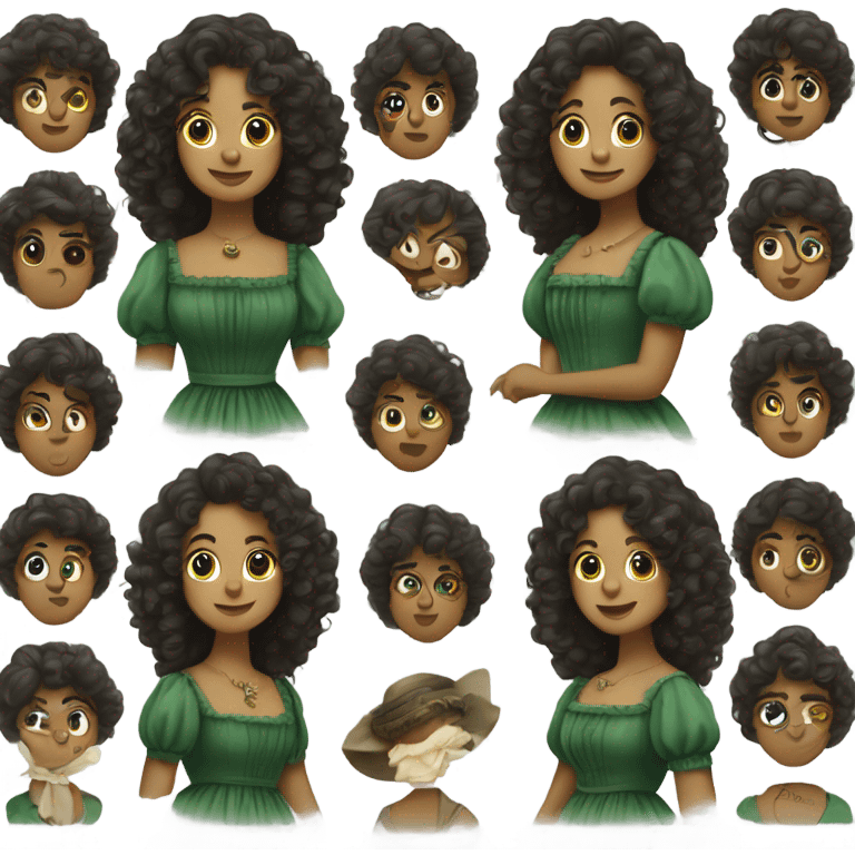 Long dark curly hair, wearing a green dress from the 1800’s,  emoji