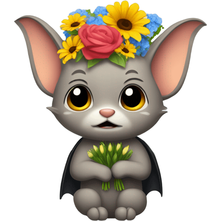 Tabby bat with bunch of flowers apologizing emoji