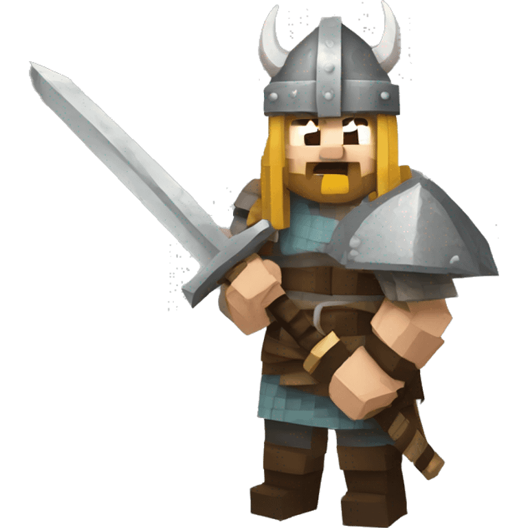 Scandinavian Viking with a sword in his hand and an angry mood in Minecraft style emoji