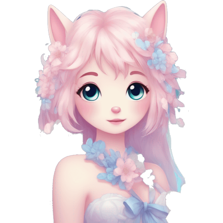 Anthro Cute Cool Blushing Pastel Innocent Shy Kawaii gorgeous sparkly ethereal fantasy anime animal creature with blue eyes furry sona with flowers and ribbons beautiful aesthetic emoji