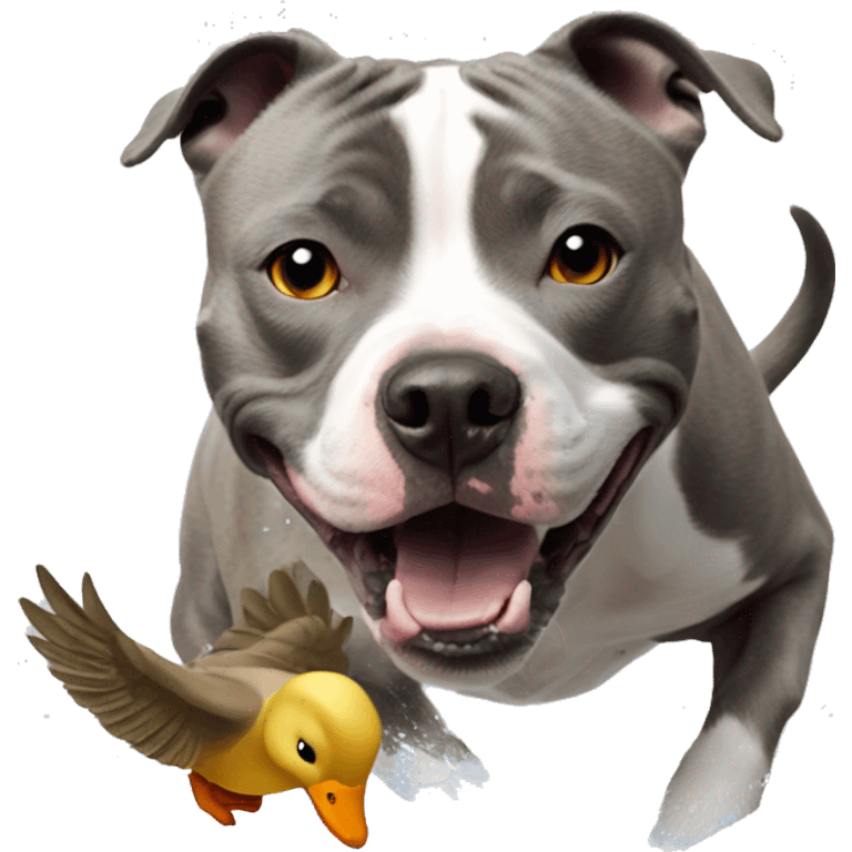 Grey Staffordshire bull terrier chasing a duck emoji