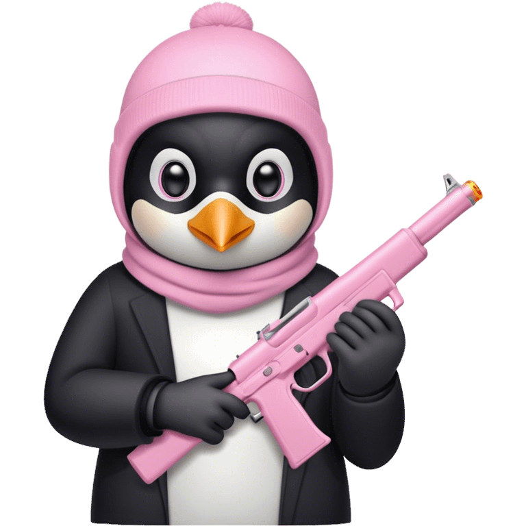 penguin wearing light pink ski mask holding a light pink gun emoji