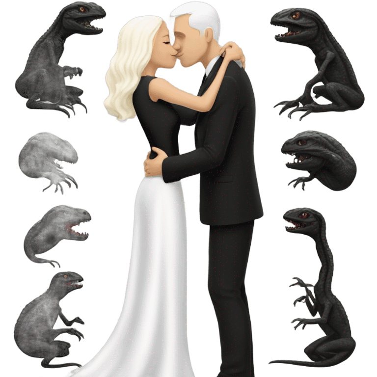 White man in black dress hugs and kissing Alien reptilian woman in white dress  emoji