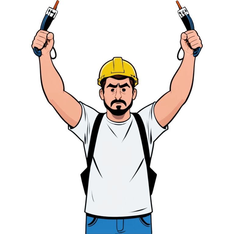 Man holding both arms in the air and holding an electrical cable der Man looks sad emoji