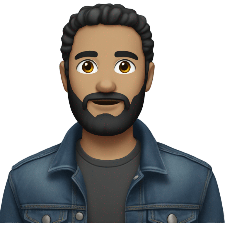 person with a black beard. No moustache. White skin tone. Nice black hair. Denim dark blue jacket emoji