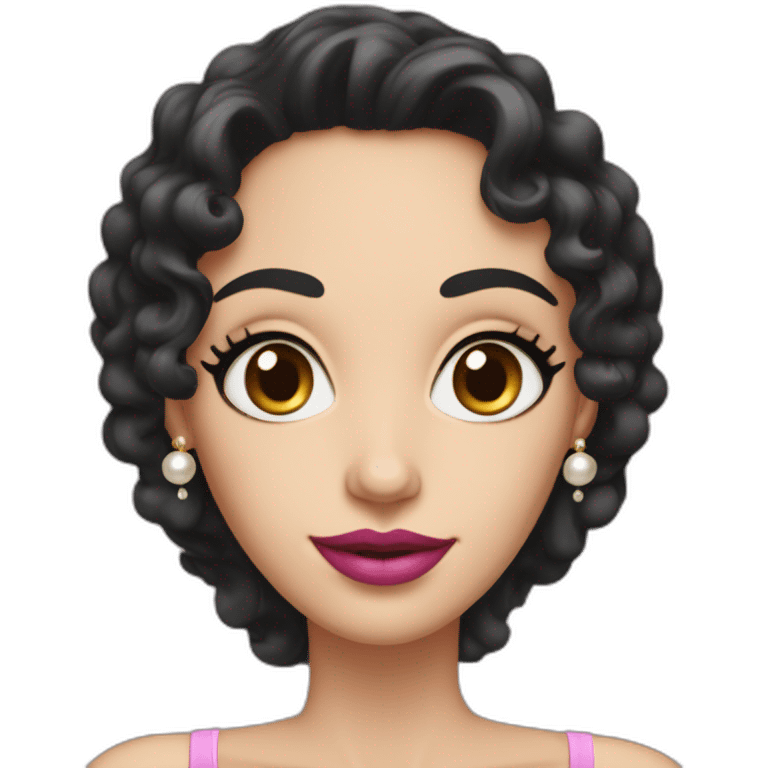 A beautiful mother with black long dark hair and curls at the end. She has deep blue eyes and big pink lips. She also has golden earrings with pearls. emoji