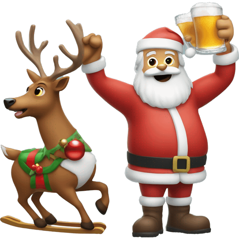 Hyped santa and rudolph holding beers with sled emoji