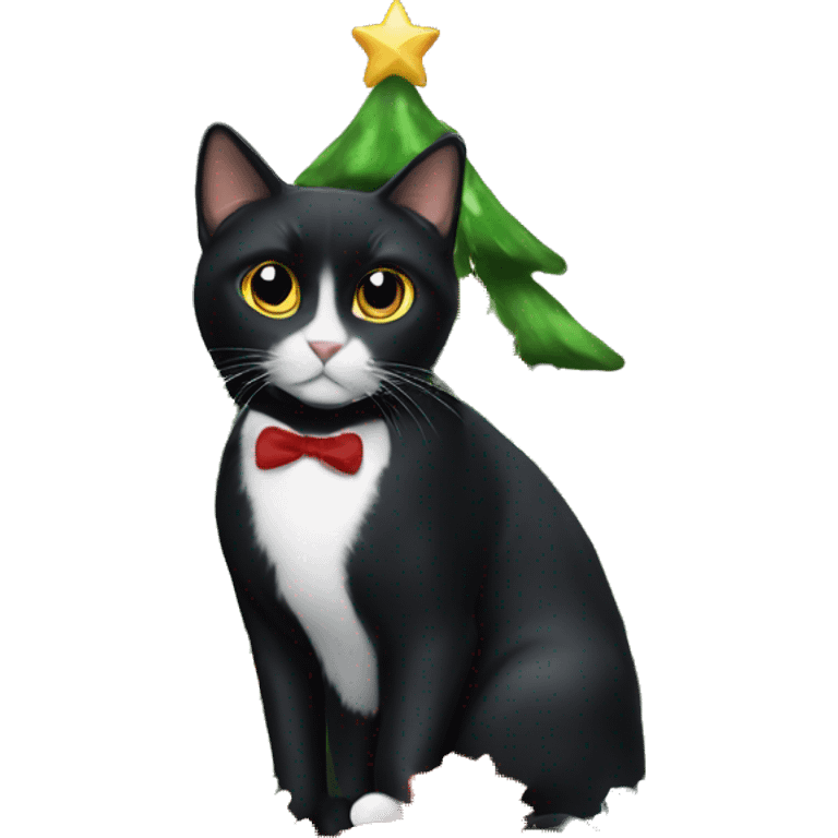 Black tuxedo cat sitting Christmas tree  emoji