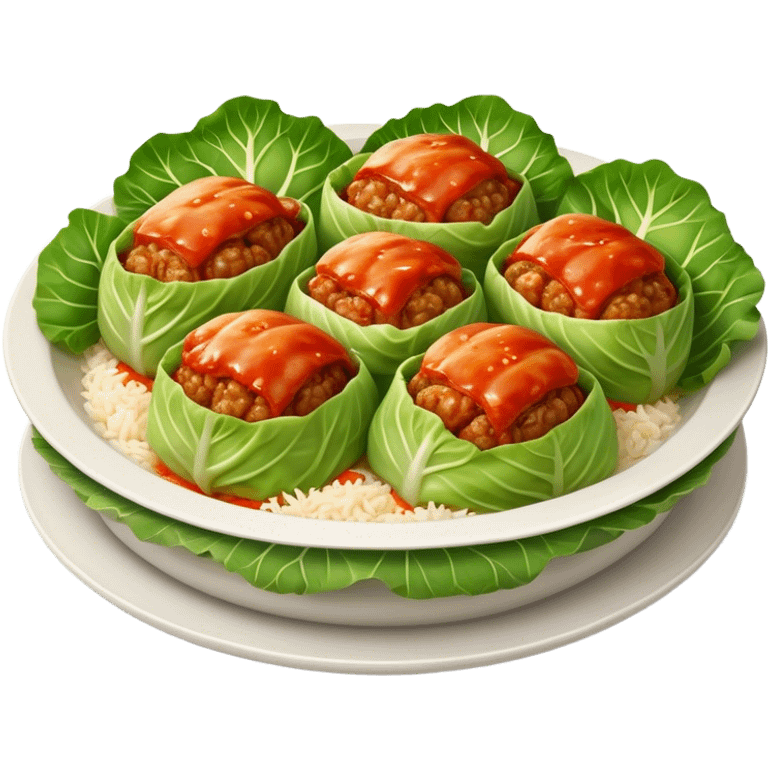 Cinematic Realistic Go≈ÇƒÖbki Dish Emoji, featuring cabbage rolls stuffed with rice and meat rendered with lifelike detail and inviting, homey lighting. emoji