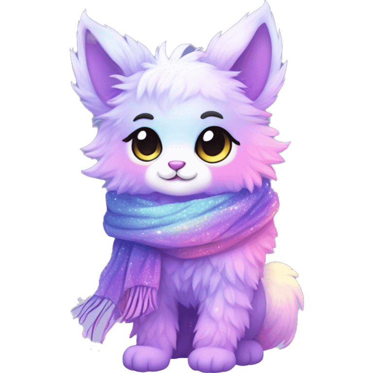 Edgy Kawaii cute gorgeous colorful sparkly bright light pastel gradient fantasy ethereal fluffy fursona animal creature with a cute scarf full body emoji