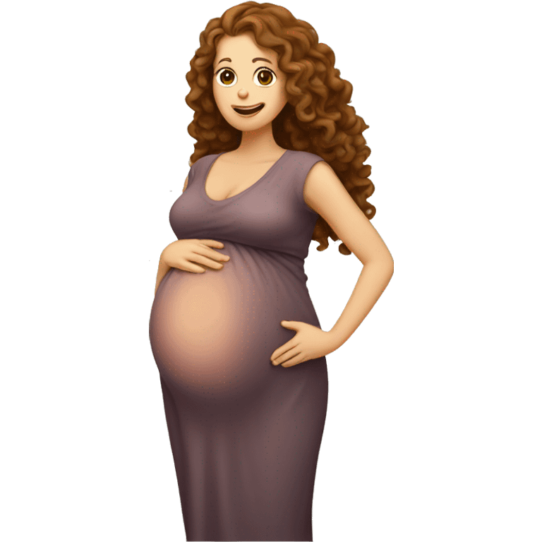 Pregnant white lady with long, brown, curly hair holding her belly emoji