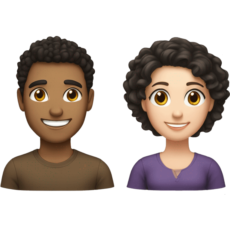 Hispanic male with black curly hair and brown eyes smiling next to white female with brown hair and hazel eyes emoji