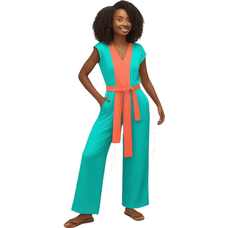 Vibrant jumpsuit with adjustable waist, V-neck, wide legs, and made from organic cotton in bright, bold colors like coral or turquoise. emoji