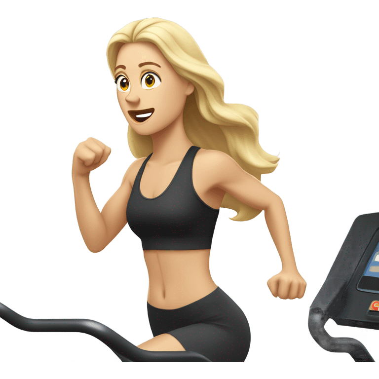 White woman, long hair, blonde hair, wavy hair, treadmill, sweating emoji