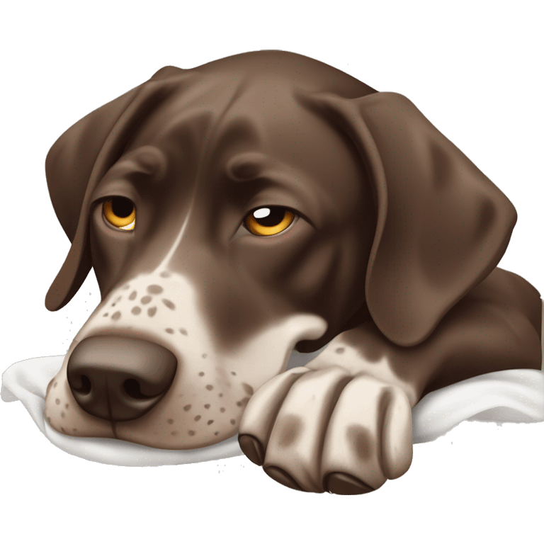 Brown German short haired pointer  with ticking looking sleepy, falling asleep, laying down, facing camera  emoji