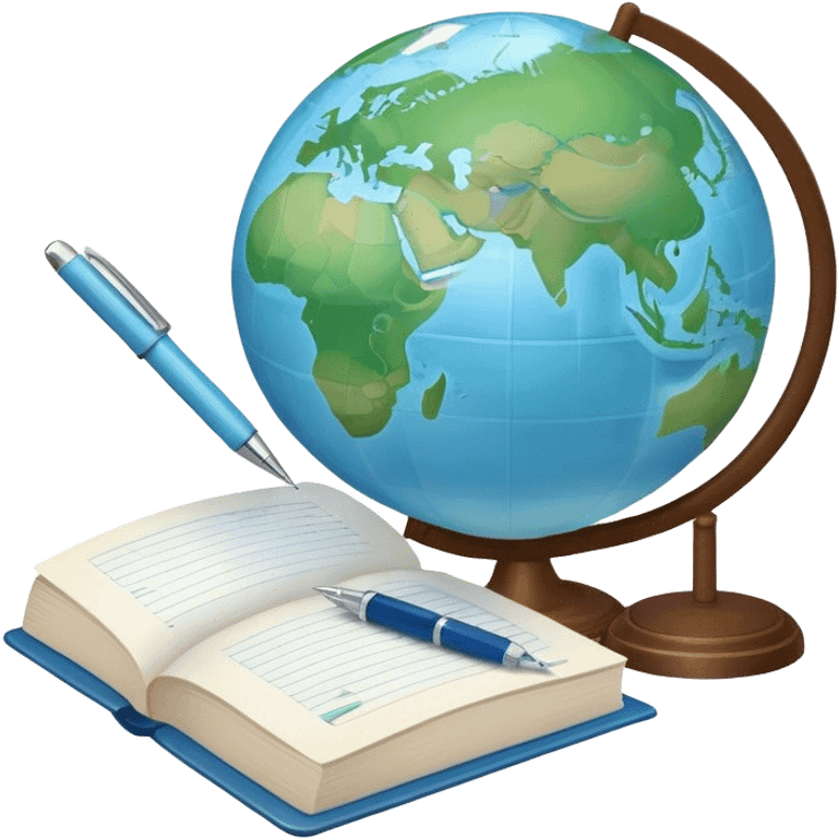 Create an emoji representing language translation. The design should feature just one globe in the background, symbolizing international communication. In front of the globe, place two books or sheets of paper with texs on them and a pen nearby to indicate the act of writing. Use a clean and professional color palette with blues, greens, and neutral tones. Make the background transparent. emoji