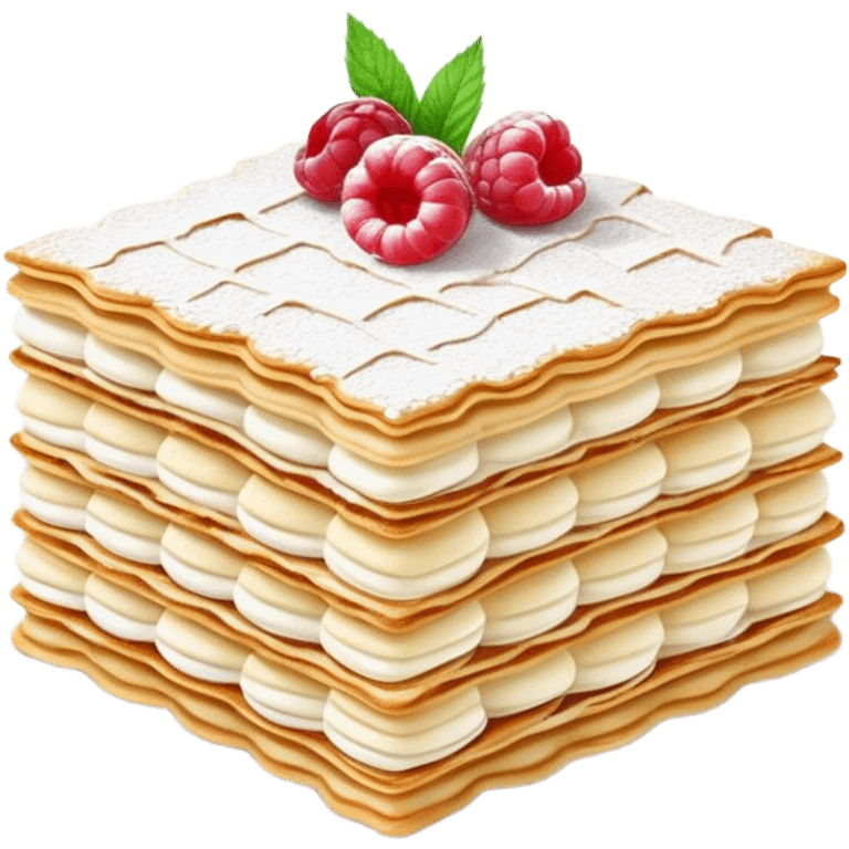 Cinematic delicate mille-feuille, thin crispy pastry layers filled with smooth vanilla cream, dusted with powdered sugar, elegant presentation, highly detailed and sophisticated. emoji