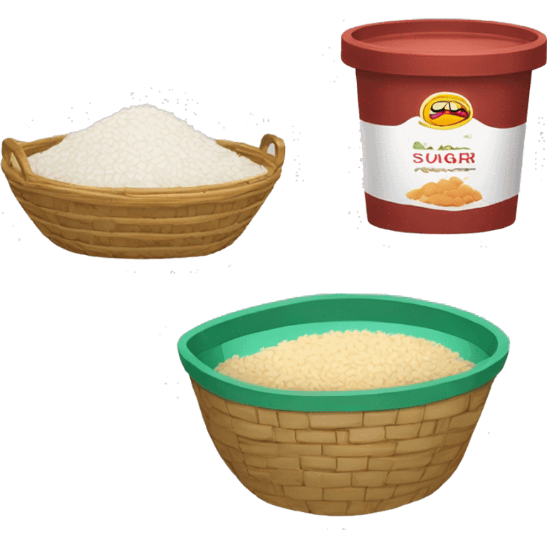 food basket with packet of rice, packet of beans and packet of sugar and liter of oil emoji