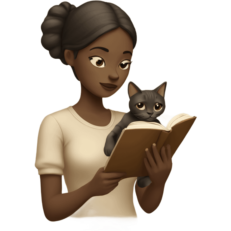 Beige toned reading girl with cat emoji