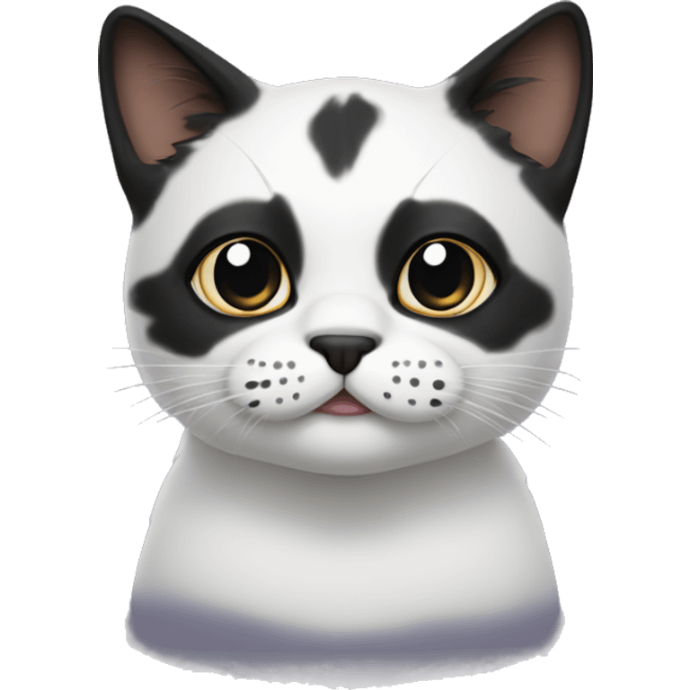 Cat with clear white face, with a black mustache-shaped spot under the nose and a little on nose. Big Dark patches on the forehead and around the ears  emoji