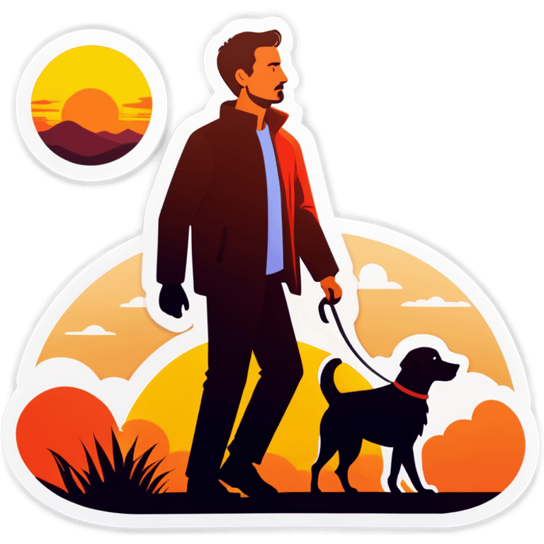 Man and dog walking in sunset  emoji