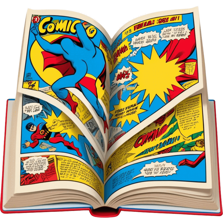 Create a vibrant emoji representing comic books and graphic novels. The design should feature a large, open comic book or vintage comic magazine with pages displaying classic comic art, with text. The comic pages should have bold, dynamic panels and action scenes. Include a pencil writing on the pages, but without a hand, to symbolize the artistic creation of comics. Use bright colors like red, blue, and yellow, with a retro feel to the design. Make the background transparent. emoji