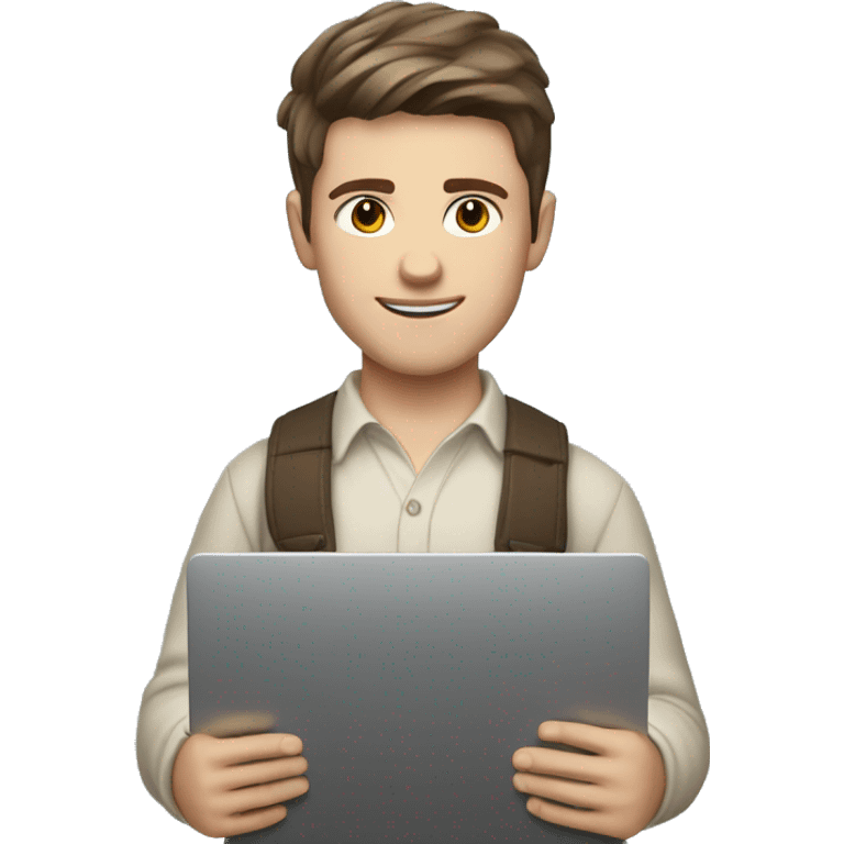 A young Caucasian male with brown hair and brown eyes, sporting a stylish Scandinavian mid-split haircut. Holding a laptop. emoji