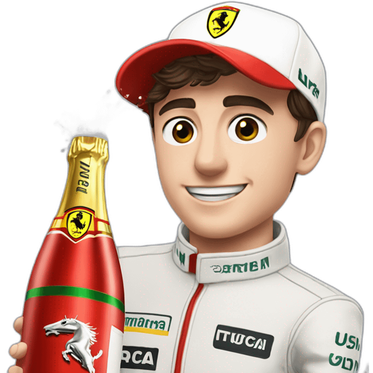 Charles Leclerc with ferrari cap spraying champagne emoji