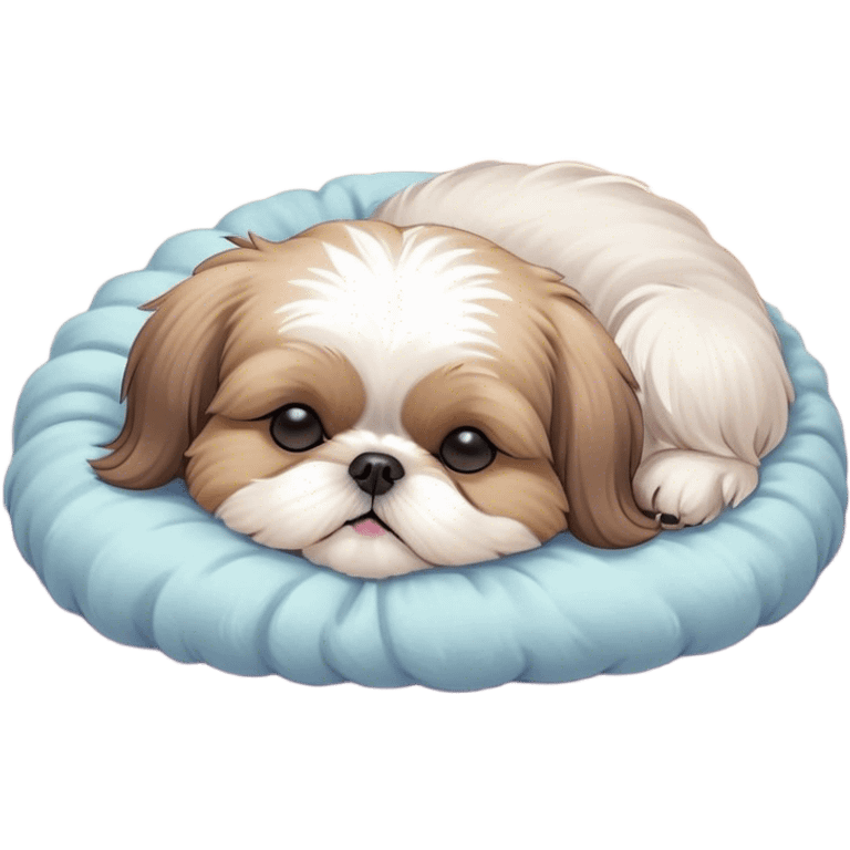 Meme-Worthy Cute Sleeping Shih Tzu Portrait Emoji, Head resting peacefully with a tender, contented smile and eyes delicately closed in serene slumber, showcasing a luxuriously fluffy fur in soft pastel tones, simplified yet irresistibly adorable, highly detailed, glowing with a warm, drowsy radiance, high shine, exuding calm, cozy charm, styled with a gentle, soft glowing outline, capturing the essence of a sleeping Shih Tzu that radiates utterly adorable, sleepy bliss! emoji