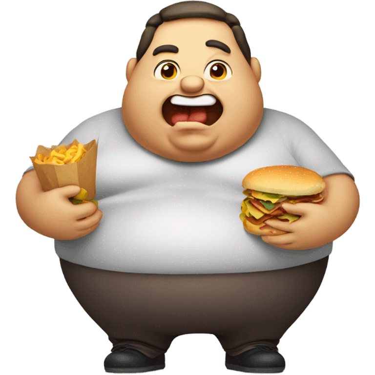 Overweight cartoon character with mouth and hands full of food emoji