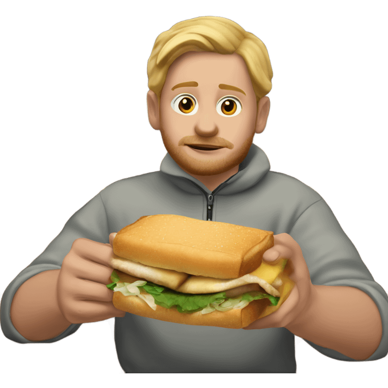 White person wearing a Patagonia quarter zip sweater eating a walleye sandwich at a bar emoji