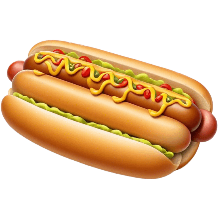 Cinematic Realistic Hot Dog Dish Emoji, featuring a classic hot dog in a bun topped with mustard and relish rendered with crisp textures and vibrant, dynamic lighting. emoji