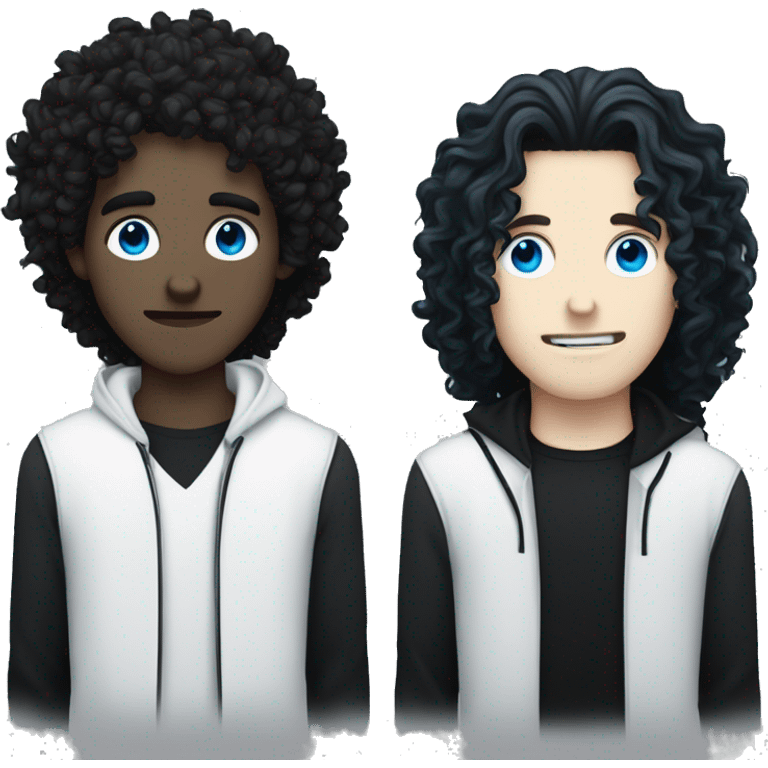 A white goth guy with curly black long hair and blue eyes and a black grunge guy with curly black long hair and they're a couple emoji