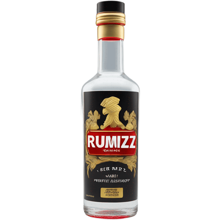 clear bottle of rumpleminze clear peppermint schnapps alcohol with a black label that has a red border and red font and the label also has a small gold eagle on the label that says “RUMPZ” emoji