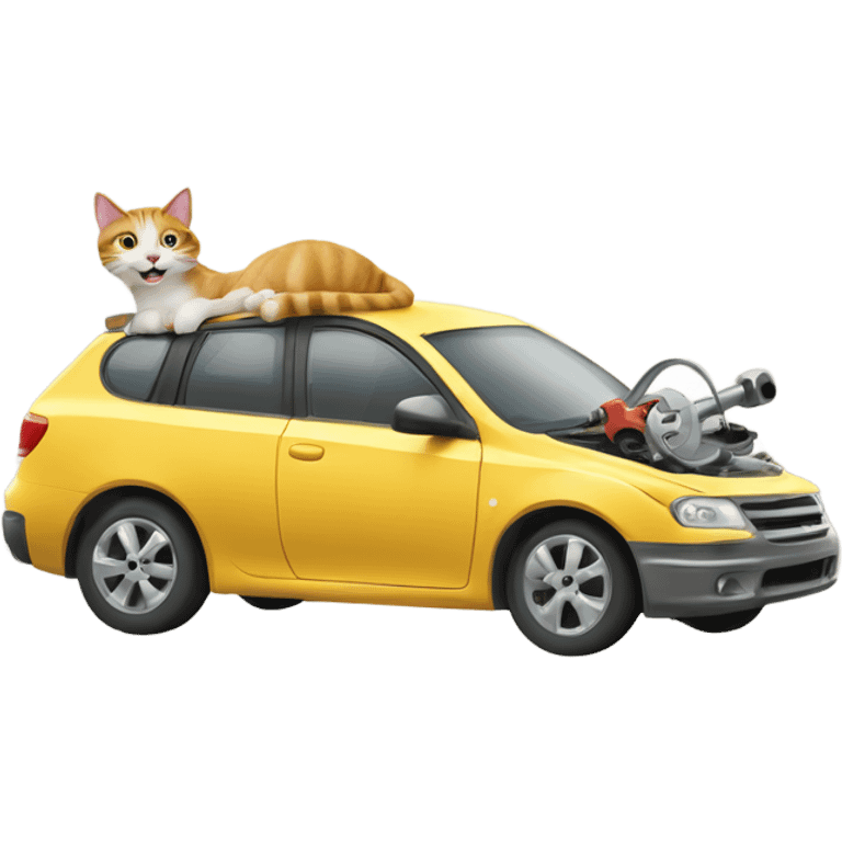 A cartoon emoji-style car with a cat sitting on the open hood, holding a wrench and smiling emoji