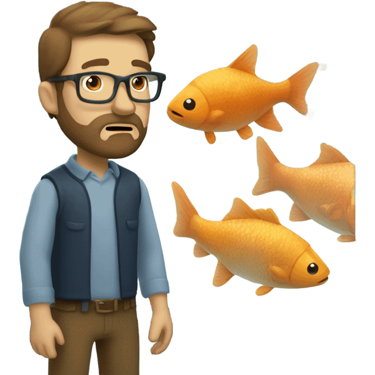 Caucasian man with brown hair and beard wearing glasses looking at big fish tank emoji