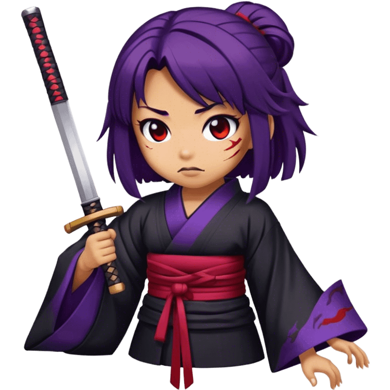 A samurai girl with deep purple hair, black kimono, holding a bloodstained katana emoji