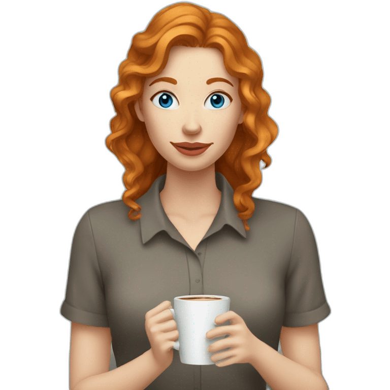 Ginger wavy hair and blue eyes woman drinking coffee  emoji