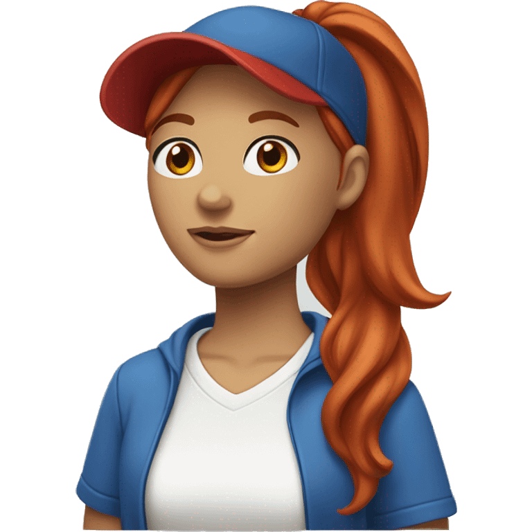 front facing standing female coach with long red hair, wearing a white t-shirt and a simple blue hat emoji