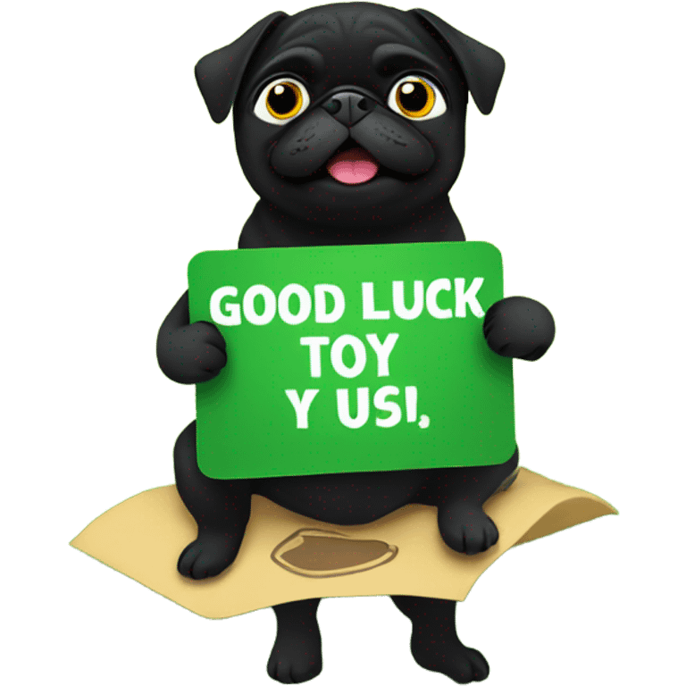 Black pug , surrounded by flowers, holding a green sign that says “good luck”  emoji