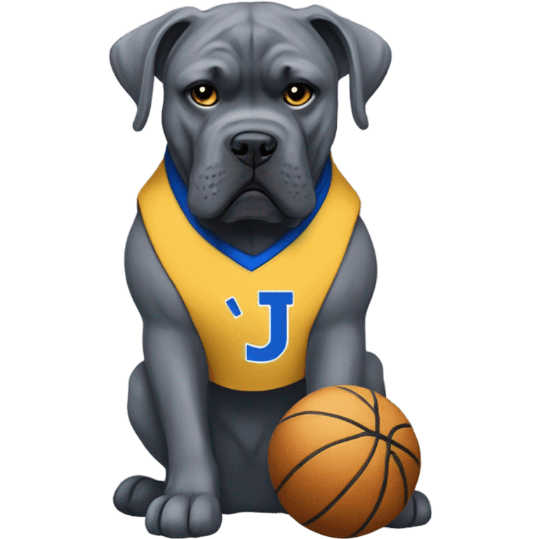 Grey Cane Corso in a blue and gold colored basketball uniform with a monogrammed J. emoji