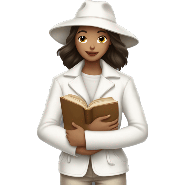 brunette girl in a white jacket in a white hat hugs a book emoji