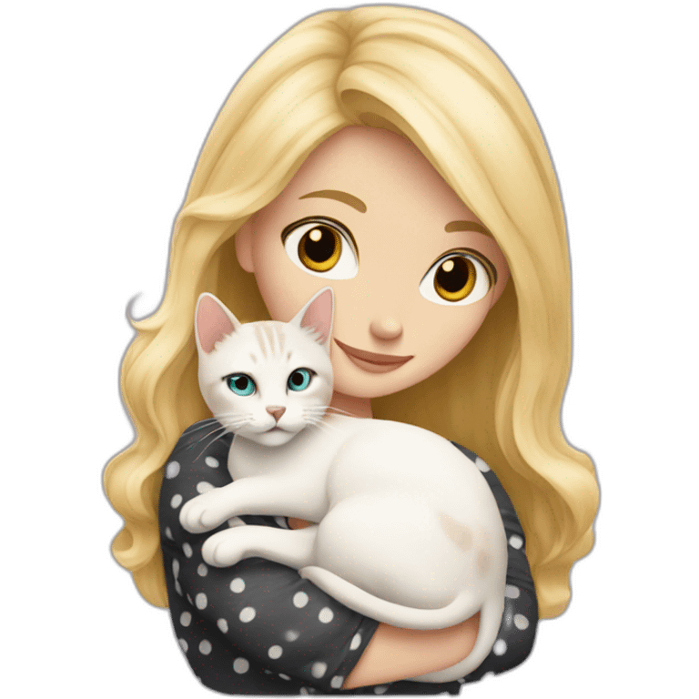 blonde-haired woman cuddling with a white spotted cat emoji